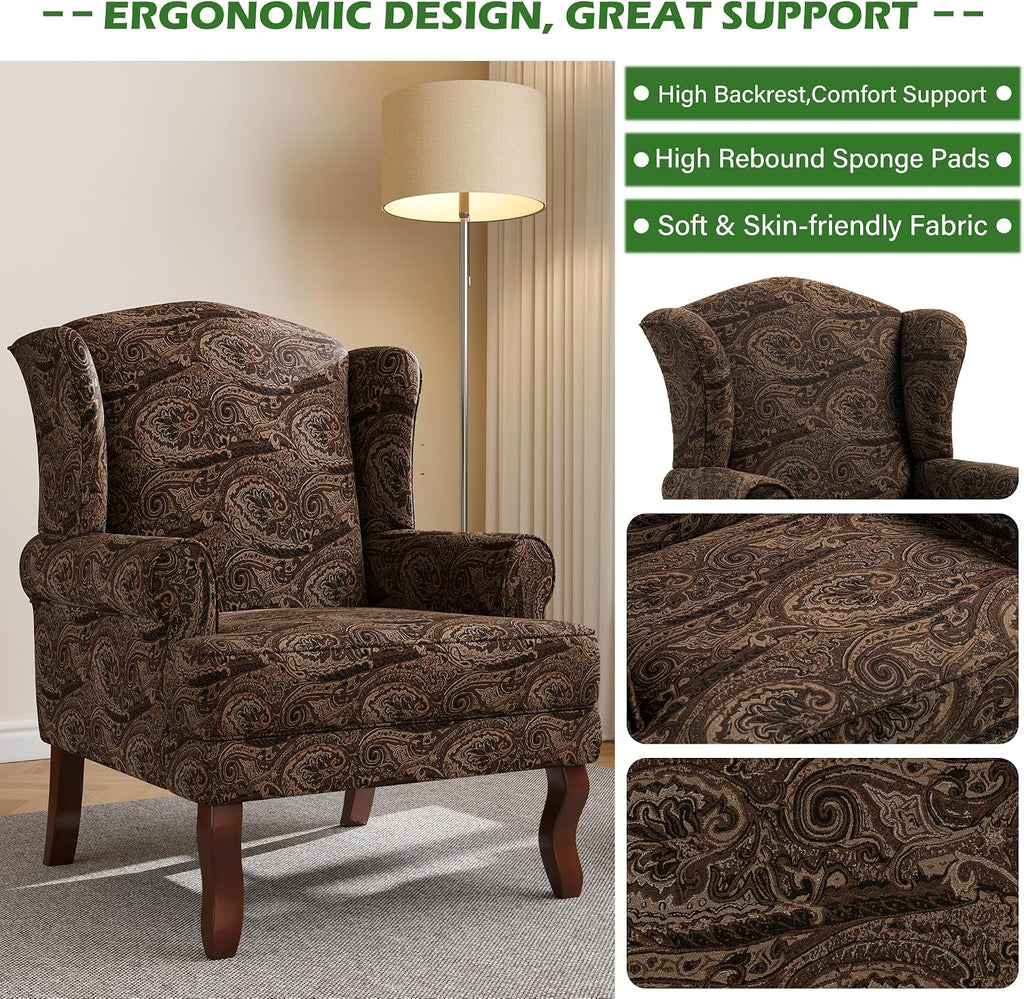High Back Floral Accent Chairs Set of 2, Fabric Upholstered Armchair Retro Arm Club Chair for Living Room, Comfy Single Sofa Bedroom Reading Seat with Solid Wood Legs - Brown Cranberry