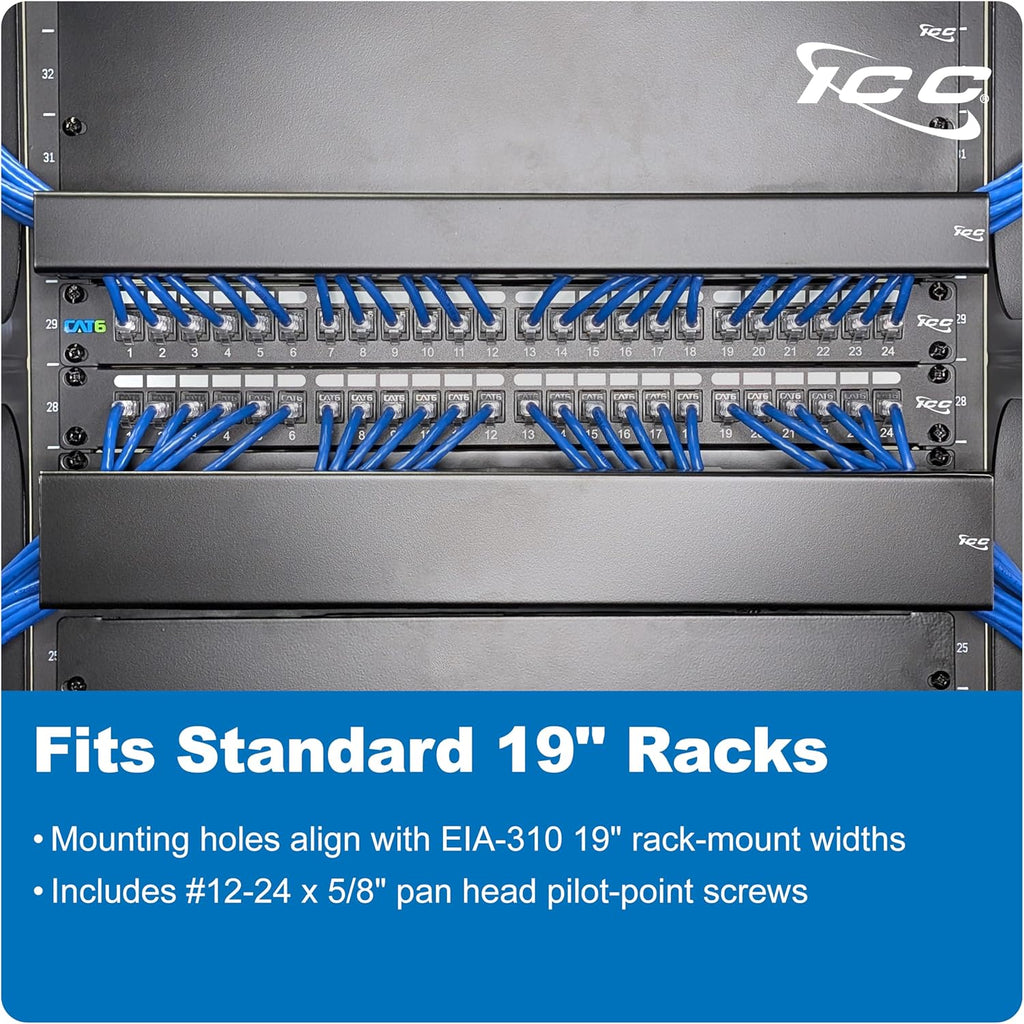 ICC 1U Ring Cable Manager Panel with Cover, Metal, 3" D-Rings, Horizontal Cable Management, Rackmount for 19” Network Racks, Black, Single Pack