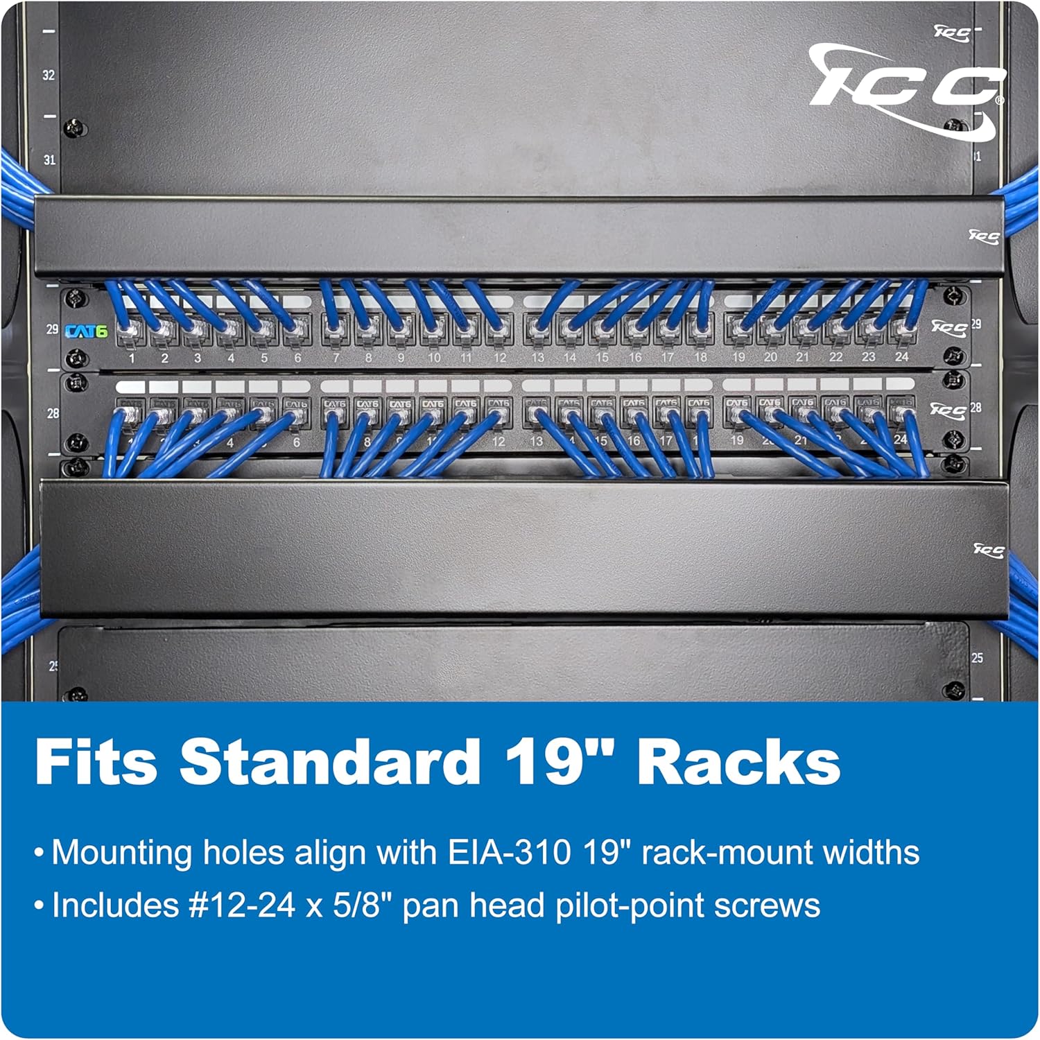 ICC 1U Ring Cable Manager Panel with Cover, Metal, 3" D-Rings, Horizontal Cable Management, Rackmount for 19” Network Racks, Black, Single Pack