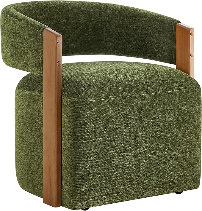 Upholstered Dining Chairs with Casters, Modern Barrel Side Armchair with Rollers & Wooden Armrest for Dining Room, Bedroom, Kitchen, Reading Room, Green, Set of 1