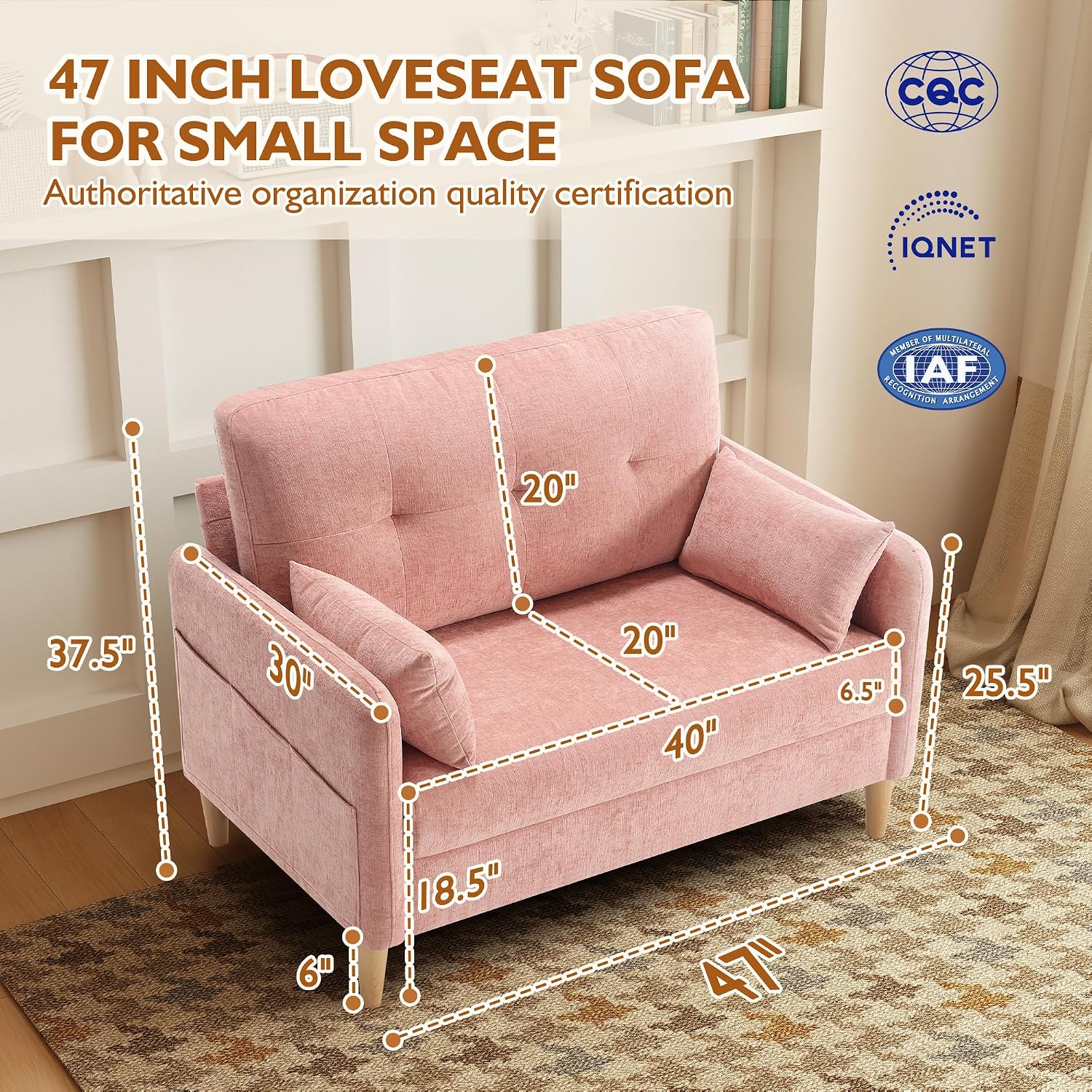 Urhanherry 47" Small Sofa Couch for Bedroom, Soft Chenille loveseat Mini Couch with Throw Pillow and Removable Cushion Cover for Small Spaces, Living Room, Apartment, Dorm, Office(Pink)