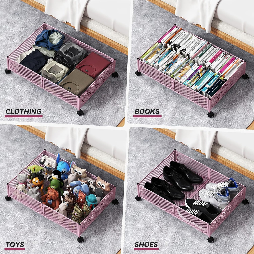 Under the Bed Storage Containers with Wheels, Under Bed Storage, Under Bed Shoe Storage Organizer Drawer, Tool-free Assembly Metal Underbed Storage Containers -Pink