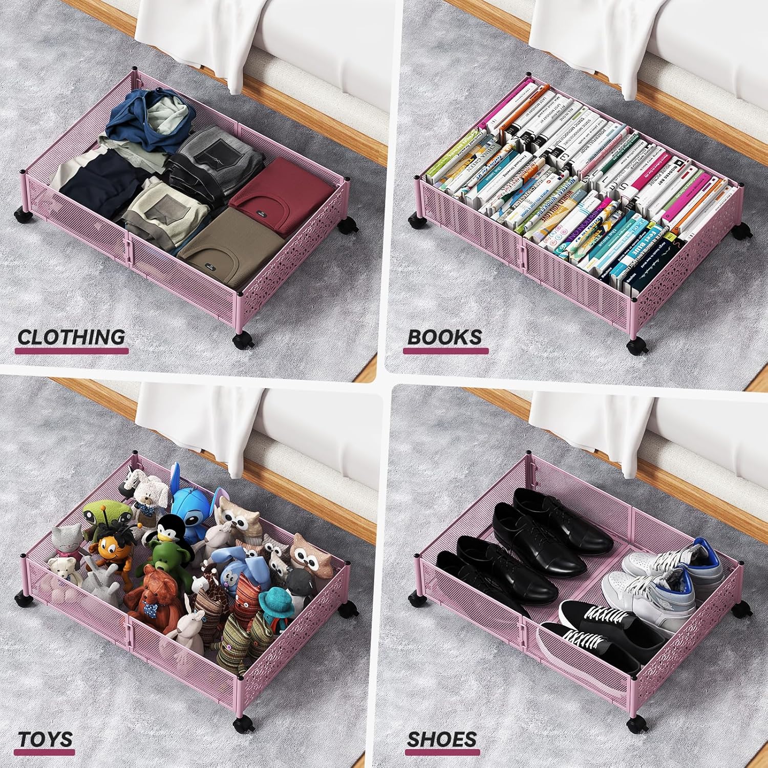 Under the Bed Storage Containers with Wheels, Under Bed Storage, Under Bed Shoe Storage Organizer Drawer, Tool-free Assembly Metal Underbed Storage Containers -Pink