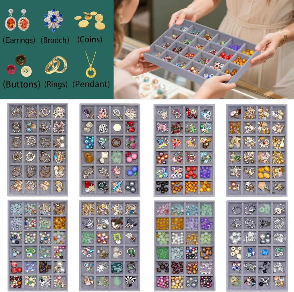 Stackable Jewelry Organizer Tray 24-Grid Velvet Jewelry Drawer Inserts Earring Organizer for Women Jewelry Display Box Case for Earring Rings Stud Necklaces (Set of 8, Grey