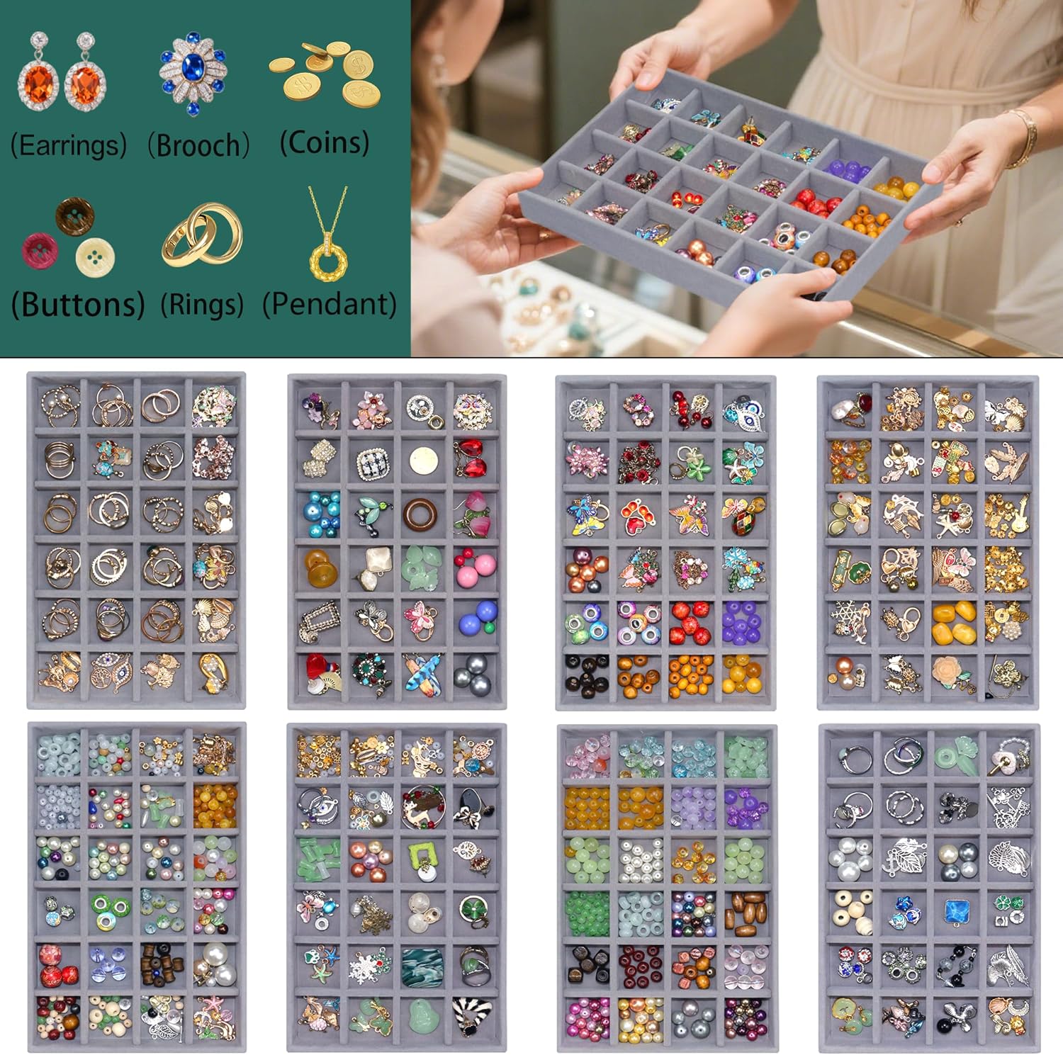 Stackable Jewelry Organizer Tray 24-Grid Velvet Jewelry Drawer Inserts Earring Organizer for Women Jewelry Display Box Case for Earring Rings Stud Necklaces (Set of 8, Grey