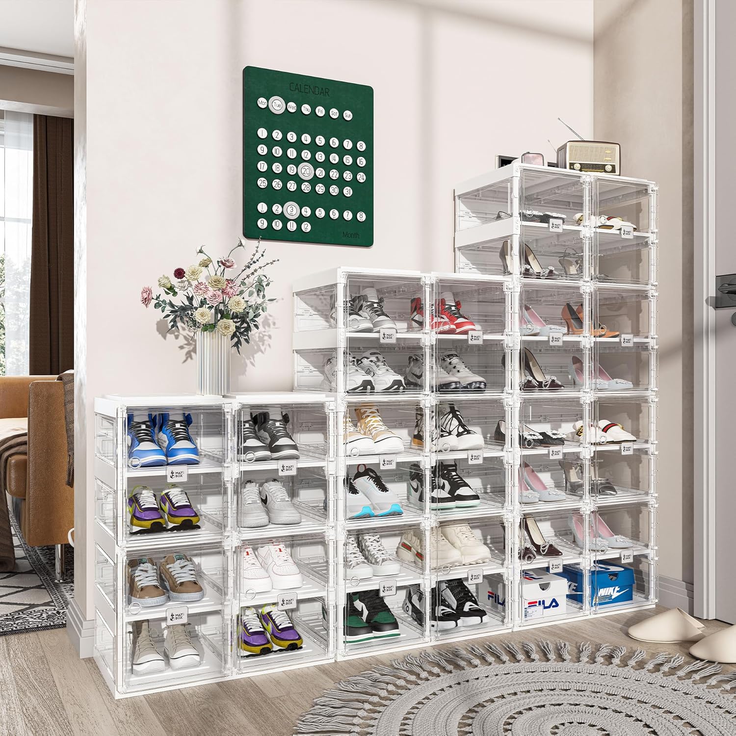 ANTBOX Foldable Shoe Rack,Shoe Organizers for Closet Plastic Shoe Storage Box Space Saving for Entryway, Large Sturdy Stackable Sneaker Cabinet Bins with Magnetic Clear Door 6 Tiers 12 Pairs
