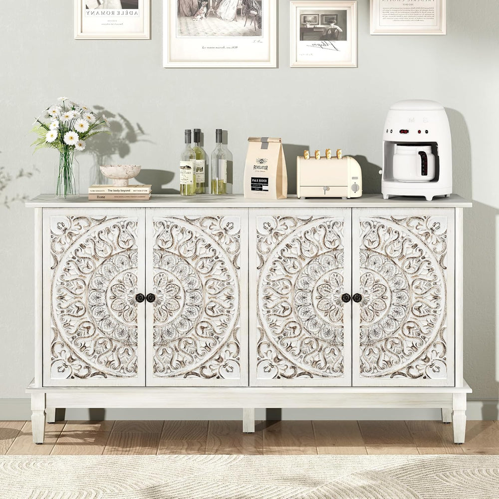 59" Solid Wood Buffet Cabinet, Accent Cabinet, 4 Carved Doors