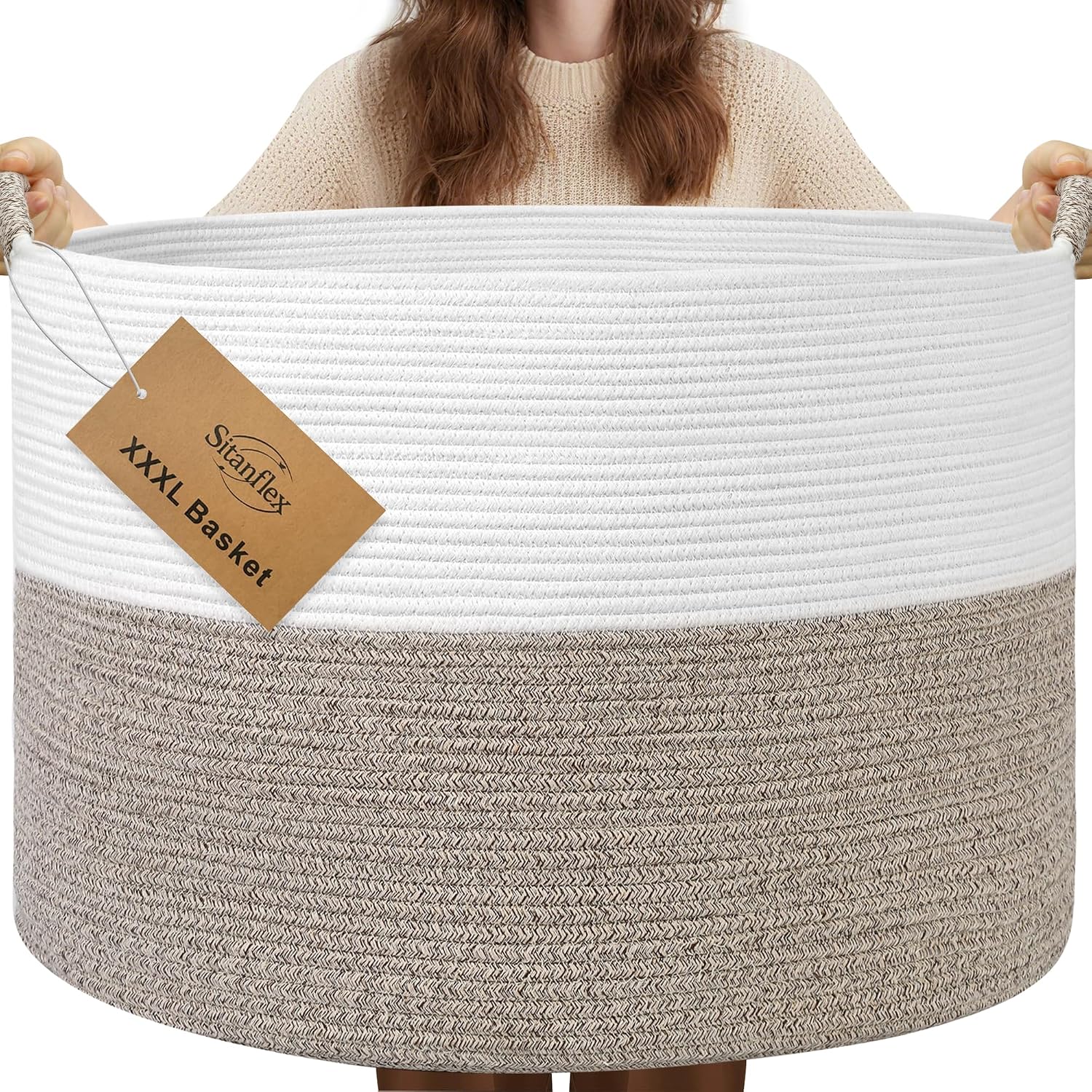 XXXL Large Blanket Basket for Living Room, 21.7" x 13.8" Woven Cotton Rope Laundry Hamper for Pillows, Towels & Toy Storage - Decorative Round Storage Basket with Handles for Nursery, Baby & Dog Toys