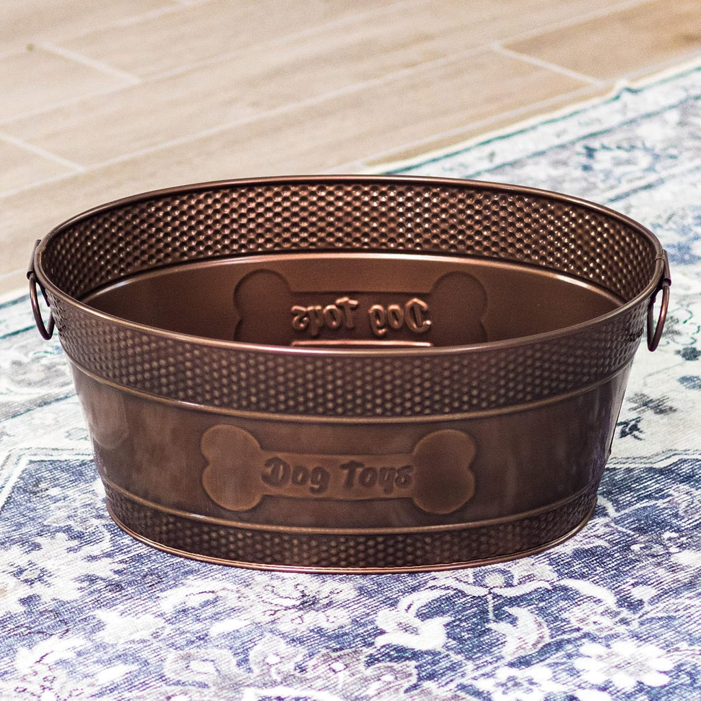 BREKX Copper Metal Pet Storage & Dog Toy Bin w/ Handles, Indestructible | Dog Toy Box • Galvanized Steel • Organizes Toys, Blankets & Leashes • Farmhouse Style