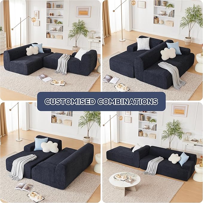 107" Modular Sectional Cloud Couch, Boneless couches Sponge sectionals for Living Room, High Density Sponges Sofa, Modular L-Shape with Chaise, Black