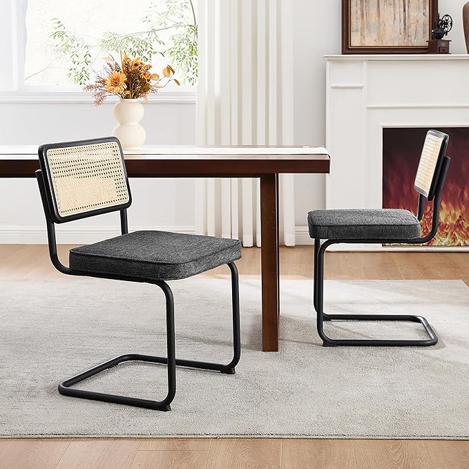 Zesthouse Natural Rattan Dining Chairs Set of 4, Mid Century Modern Dining Chairs with Solid Wood Back & Black Matte Base for Kitchen, Breuer Design Inspired, Upholstered Linen Fabric, Dark Grey
