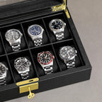 ROTHWELL 10 Slot Leather Watch Box - Luxury Case Display Jewelry Organizer - Locking Watch Display Case Holder with Large Glass Top - Box Organizer for Men and Women (Black/Black)