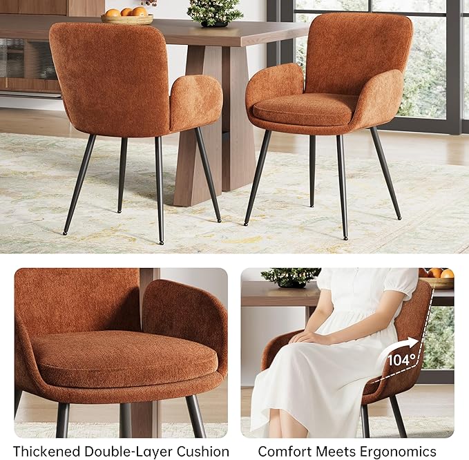 VKNOW Modern Dining Chairs Set of 2, Upholstered Dining Room Chair with Armrest, Kitchen Chairs with Curved Ergonomics Backrest for Living Room, Dining Room, Kitchen, Orange