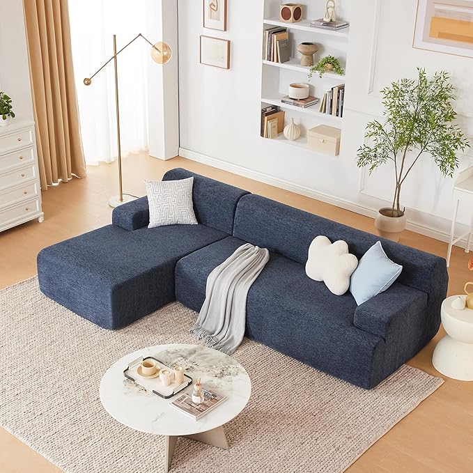 107" Modular Sectional Cloud Couch, Boneless couches Sponge sectionals for Living Room, High Density Sponges Sofa, Modular L-Shape with Chaise, Blue
