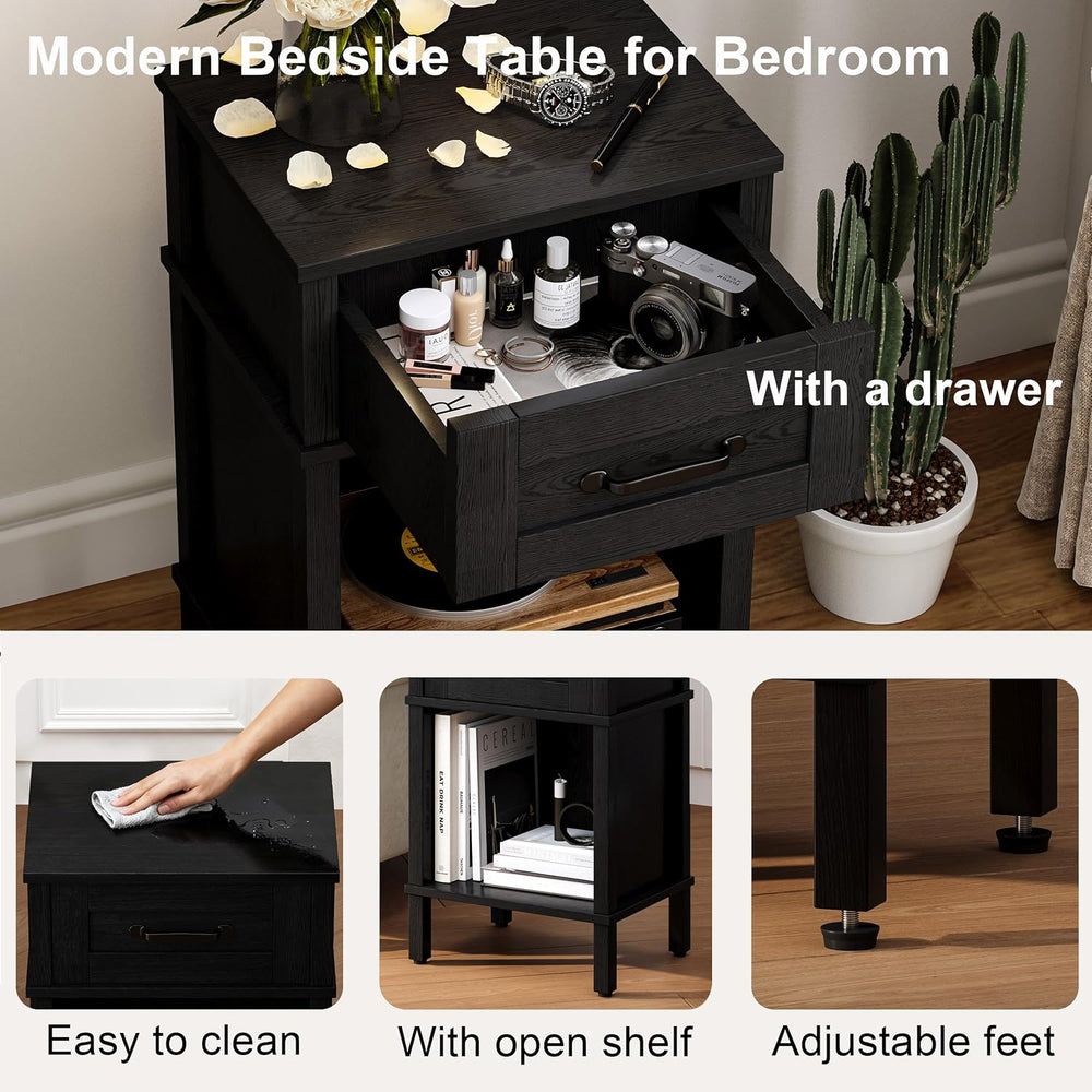 Black Nightstand with Drawers,Small Night Stand,Black Bedside Table