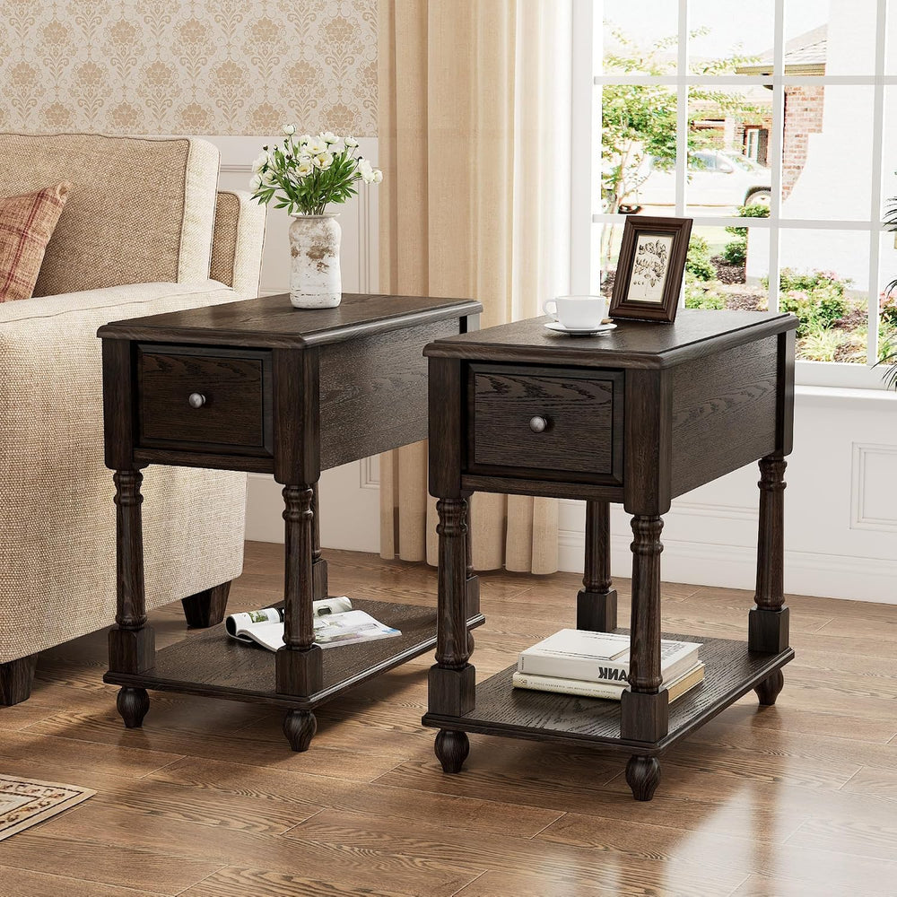 Set of 2 Narrow Open End Table with Drawer, Solid Wood Side Table 2-Tier Skin...