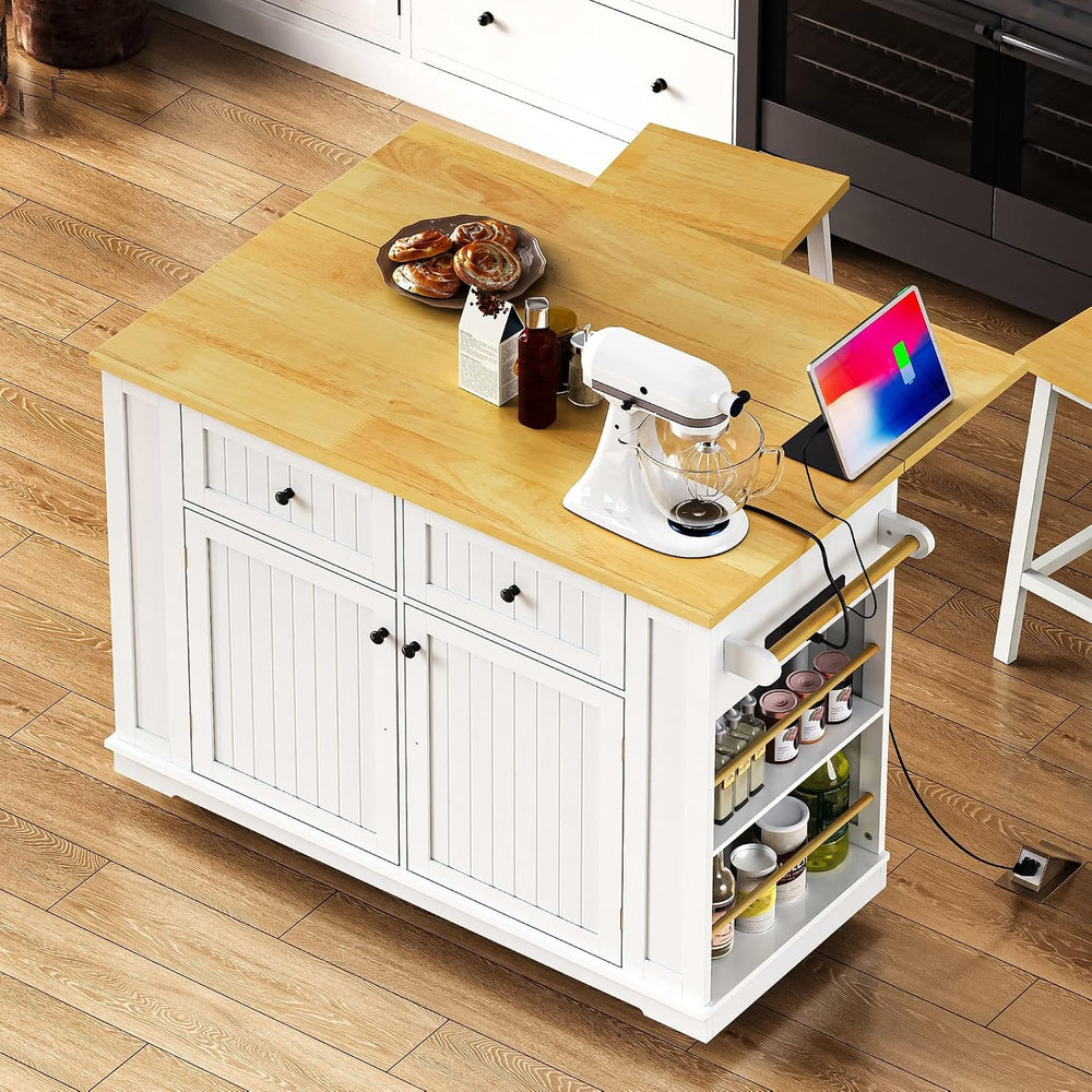 48" Kitchen Island with Drop Leaf, Power Outlet and Wheels | Drop Leaf E...