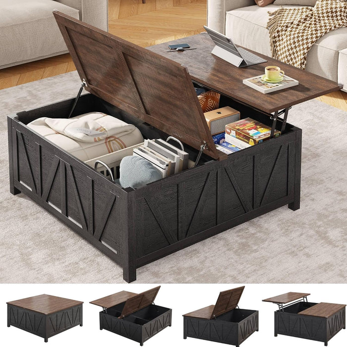 chartustriable 43.3“ Lift Top Coffee Table with Storage, Farmhouse Coffee Table with Large Hidden Storage Compartment and Shelves，Square Center Tables for Living Room, Tea Table Black