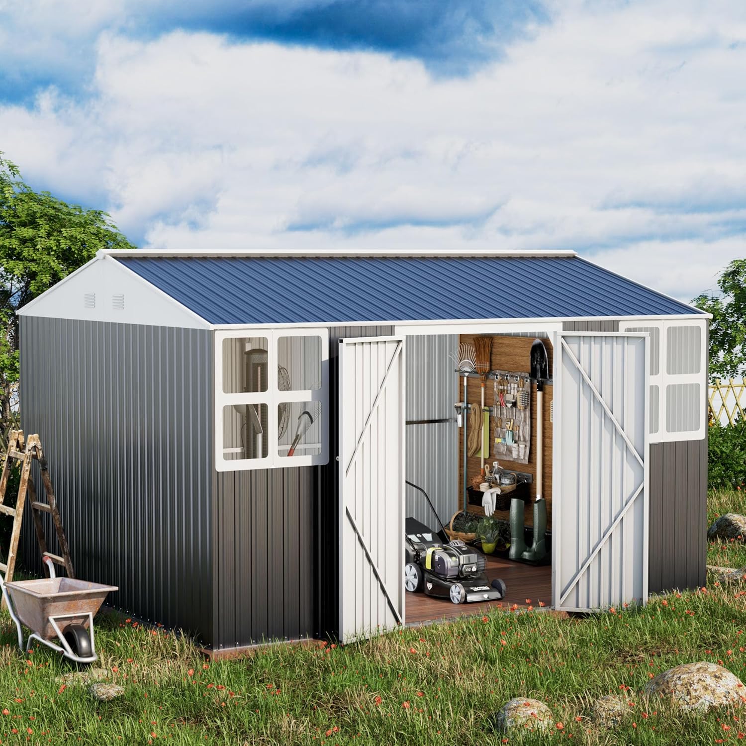 Metal shed 12x10 FT Outdoor Storage, Heavy-Duty Garden Sheds with Customizable Skylight & Reinforced Steel Frame, Weatherproof Galvanized Tool Tiny House for Backyard, Patio, and Lawn