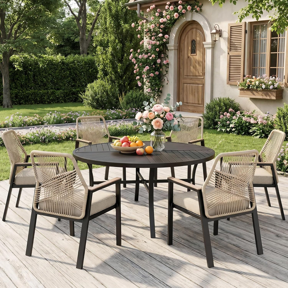MIXPATIO 7pc Patio Dining Set, 54" Round Metal Table, 6 Rattan Chairs