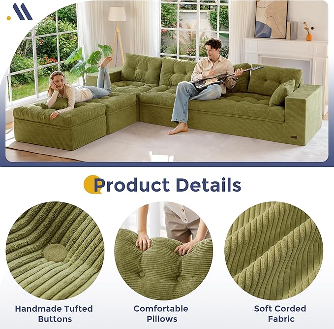 MAXYOYO 132" U Shaped Modular Sectional Sofa with 2 Ottomans, Cloud Boneless Couch with Layered Cushion, Flexible Module Combination Sofa for Living Room, No Assembly Required, Green