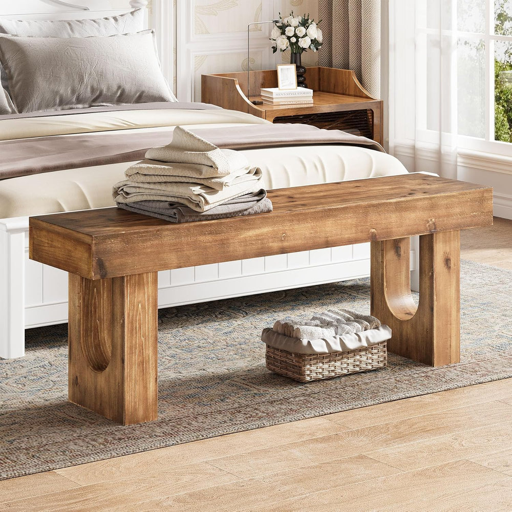 Solid Wood Shoe Bench, 47" Long Farmhouse Entryway Bench with Sturdy Leg...