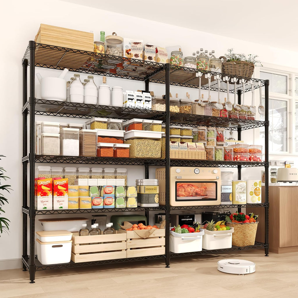 5-Tier Storage Shelving Unit Metal Shelves 59" W Wire Shelving, 70" H L-Shaped Pantry Shelves Kitchen Storage Shelves for Home Commercial Garage Heavy Duty, 70.5" H x 59" W x 13.8" D