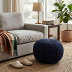 BIRDROCK HOME Round Pouf Ottoman Foot Rest - 18.5”x18.5”x15” Boho Compact Comfortable Soft Cotton Braided Foot Stool with Bean Bag Filling for Living Room, Bedroom, or Nursery (Navy)