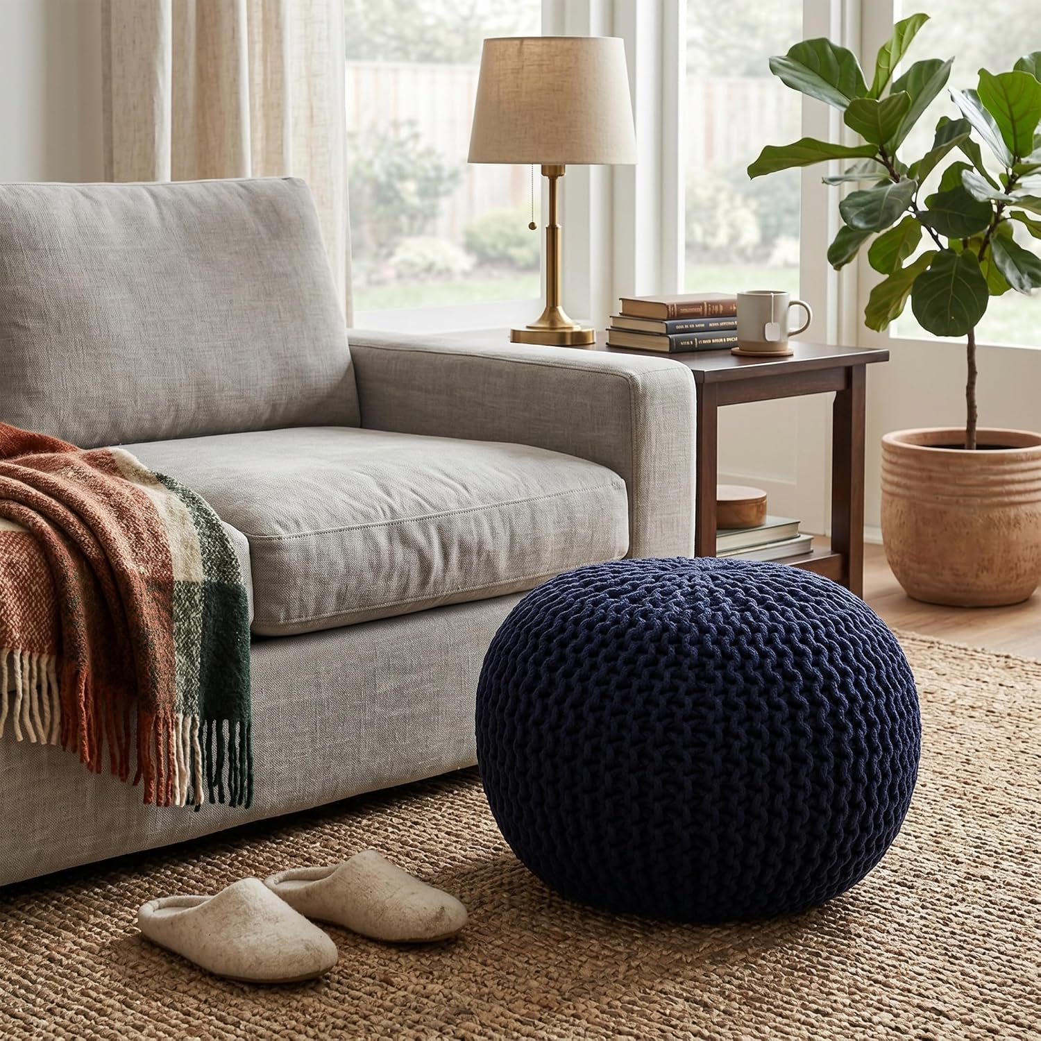 BIRDROCK HOME Round Pouf Ottoman Foot Rest - 18.5”x18.5”x15” Boho Compact Comfortable Soft Cotton Braided Foot Stool with Bean Bag Filling for Living Room, Bedroom, or Nursery (Navy)