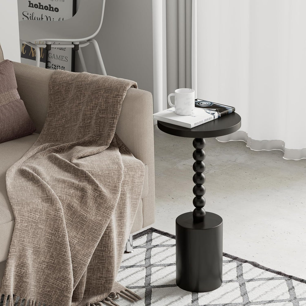 COZAYH Black Wood End Table with Round Top and Decorative Beaded Pedestal, Mo...