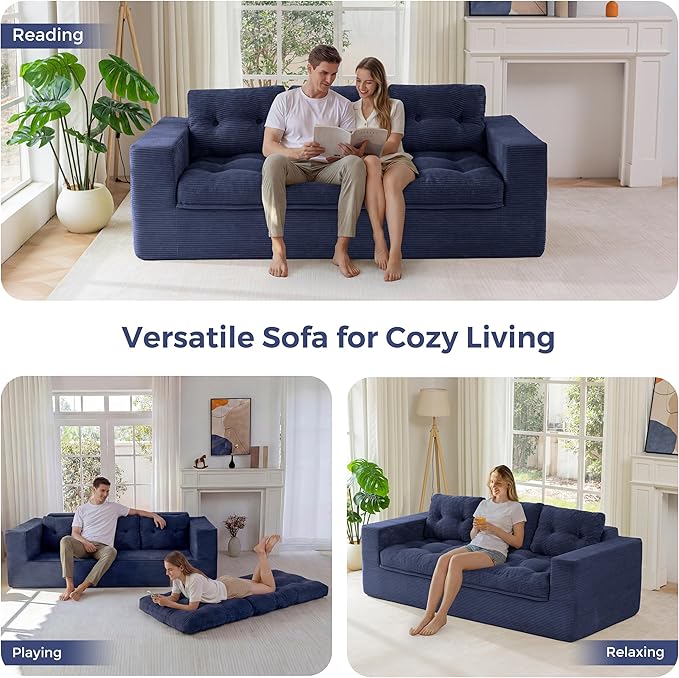 MAXYOYO 79" Loveseat Sofa Couch for Small Spaces, Upholstered Boneless Cloud Couch for Apartment Bedroom, 2-Seater Love Seat Floor Modern Sofa with Pillows, No Assembly Required, Navy