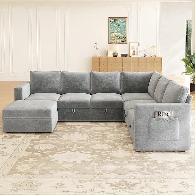 106.7" Sectional Sleeper Sofa with Pull Out Couch, Modern 7 Seat U Shaped Modular Couch, Sectionals Modular Sofa with Storage, Comfy Sectional Couches for Living Room & Apartment, Light Gray