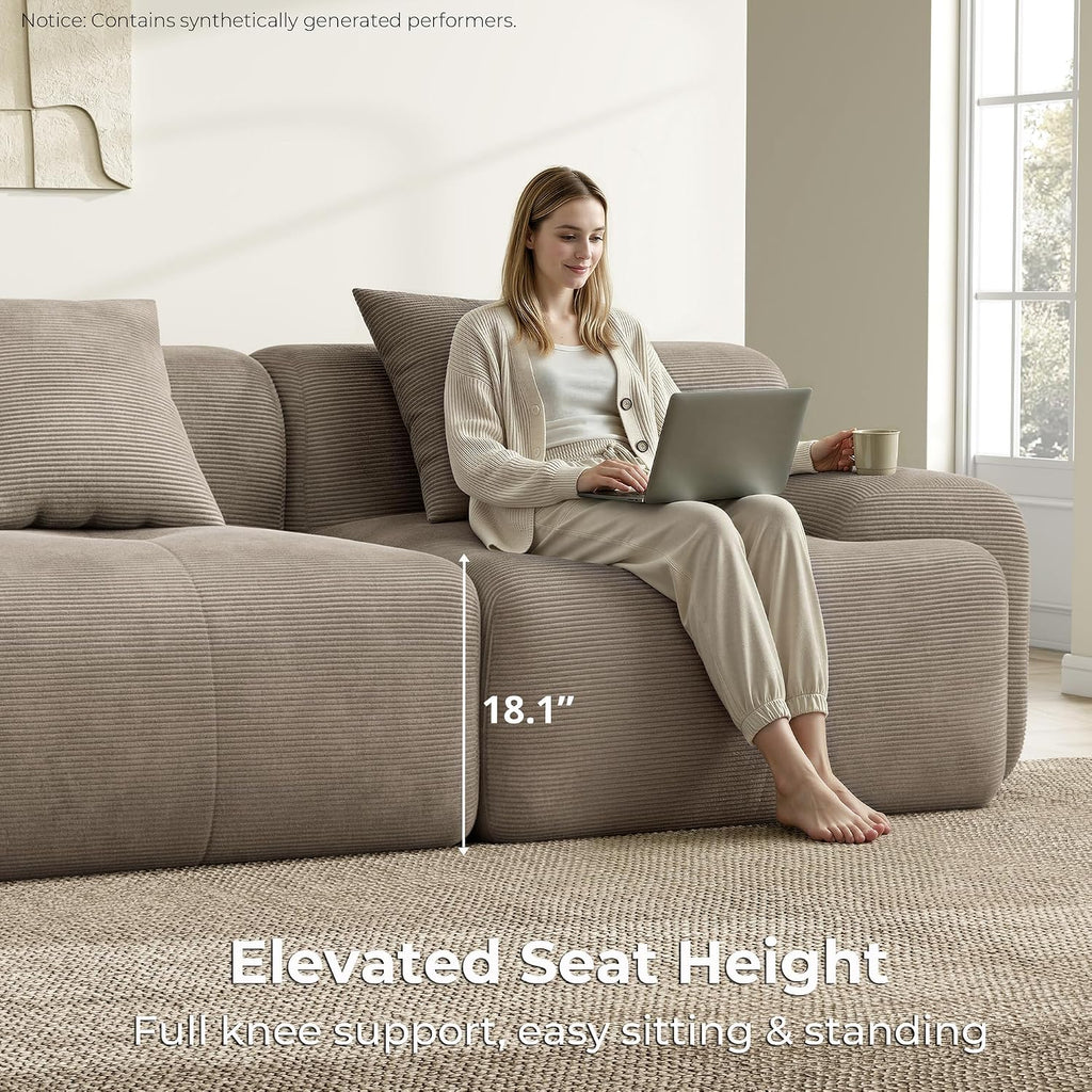 LIKIMIO LumiCord Modular Sectional Sofa with Ottoman, 118" L-Shaped Boneless Couch for Living Room, Oversized Deep Seat with Corduroy Upholstery, No Assembly Required, Light Brown