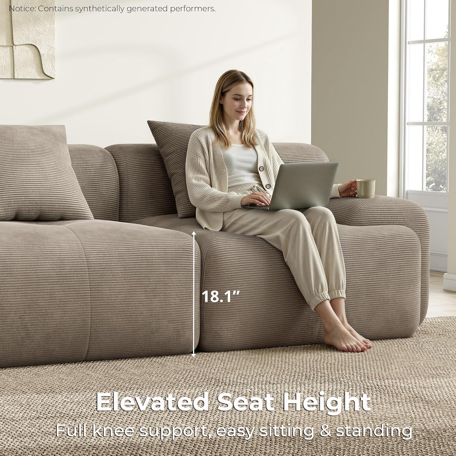 LIKIMIO LumiCord Modular Sectional Sofa with Ottoman, 118" L-Shaped Boneless Couch for Living Room, Oversized Deep Seat with Corduroy Upholstery, No Assembly Required, Light Brown