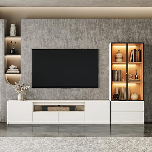 102" White Modern Entertainment Center for 55/65/75/85 inch TV, Included TV Stand and Glass Display China Cabinet, 2-Piece Media Console with Drawers for Living Room (AB-102 Cabinets Set)
