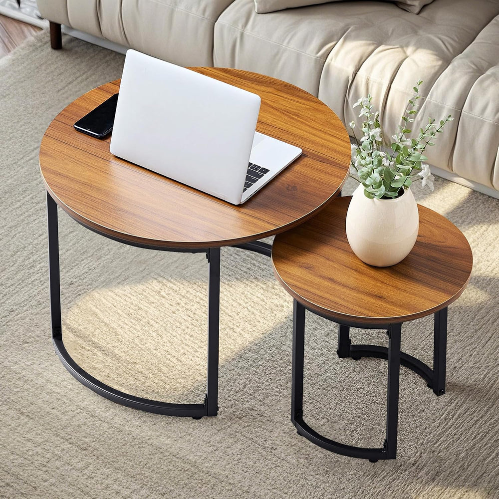 VECELO Nesting Coffee Table Set of 2, Wood Round Side Tables with Adjustable ...