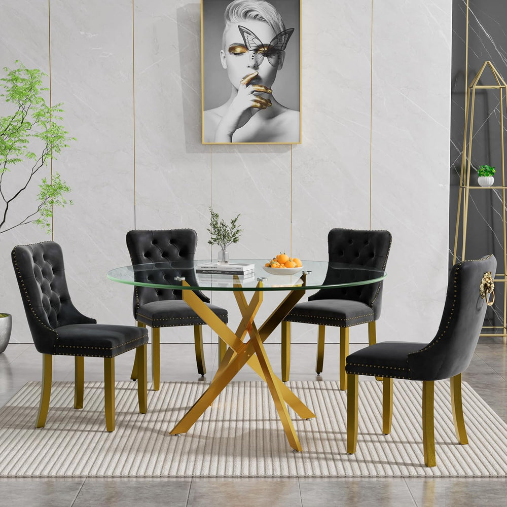 Modern 5-Piece Round Glass Dining Table Set for 4, Modern 47" Gold Glass...