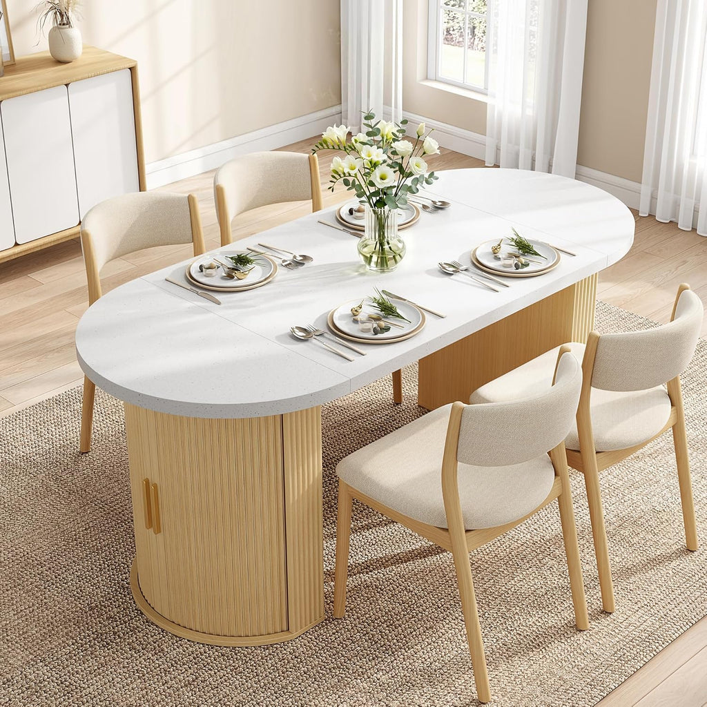 IRONCK 71" Oval Dining Table with Hidden Storage, Oak | Faux quartz-pattern laminate top, dual-sided cabinets, fluted engineered-wood base, and 397 lb capacity.