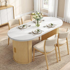 IRONCK 71" Oval Dining Table with Hidden Storage, Oak | Faux quartz-pattern laminate top, dual-sided cabinets, fluted engineered-wood base, and 397 lb capacity.