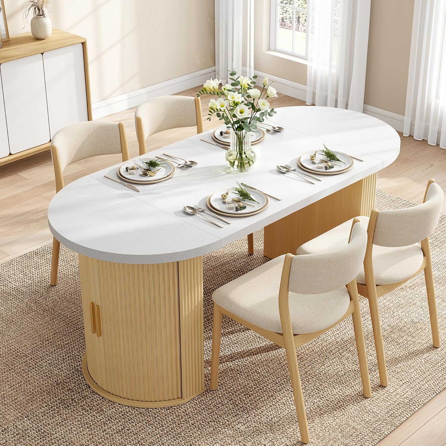 IRONCK 71" Oval Dining Table with Hidden Storage, Oak | Faux quartz-pattern laminate top, dual-sided cabinets, fluted engineered-wood base, and 397 lb capacity.