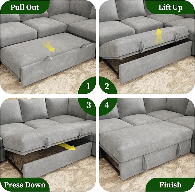 106.7" Sectional Sleeper Sofa with Pull Out Couch, Modern 7 Seat U Shaped Modular Couch, Sectionals Modular Sofa with Storage, Comfy Sectional Couches for Living Room & Apartment, Light Gray