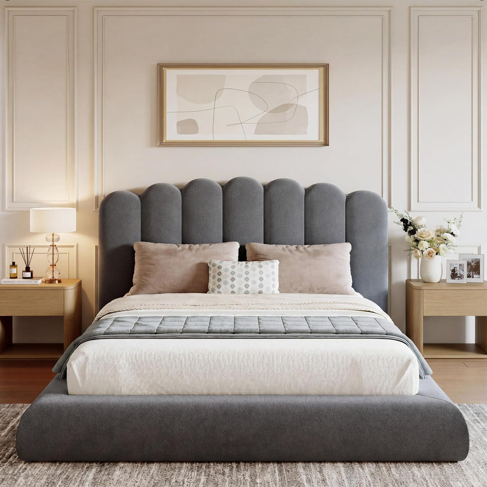 Queen Size Cloud Bed Frame with Wave Headboard, Plush Foam Upholstered Platfo...