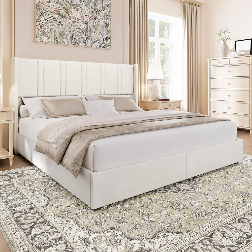 BRELTAM Queen Size Wingback Platform Bed Frame, White