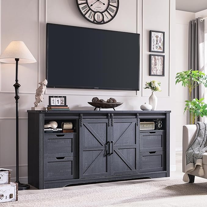 JXQTLINGMU Farmhouse Fireplace TV Stand for 80 Inch TV, 32" Tall Entertainment Center w/Drawer & Sliding Barn Door, 70 Inch Highboy Media Console for Living Room, Black