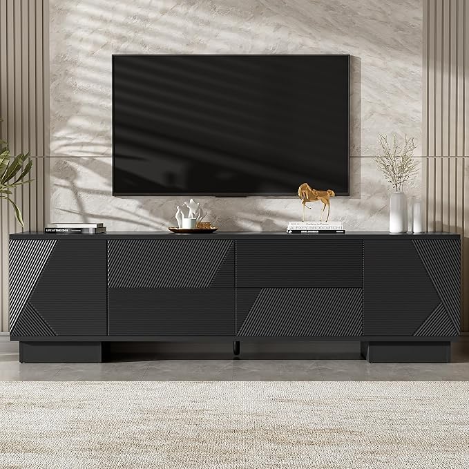 Merax 70.8 inch Modern TV Stand for TVs up to 75 Inches, Entertainment Center with Storage Cabinets & 4 Drawers, Minimalist Media Console with Metal Center Leg & Anti-Tip Device for Living Room, Black