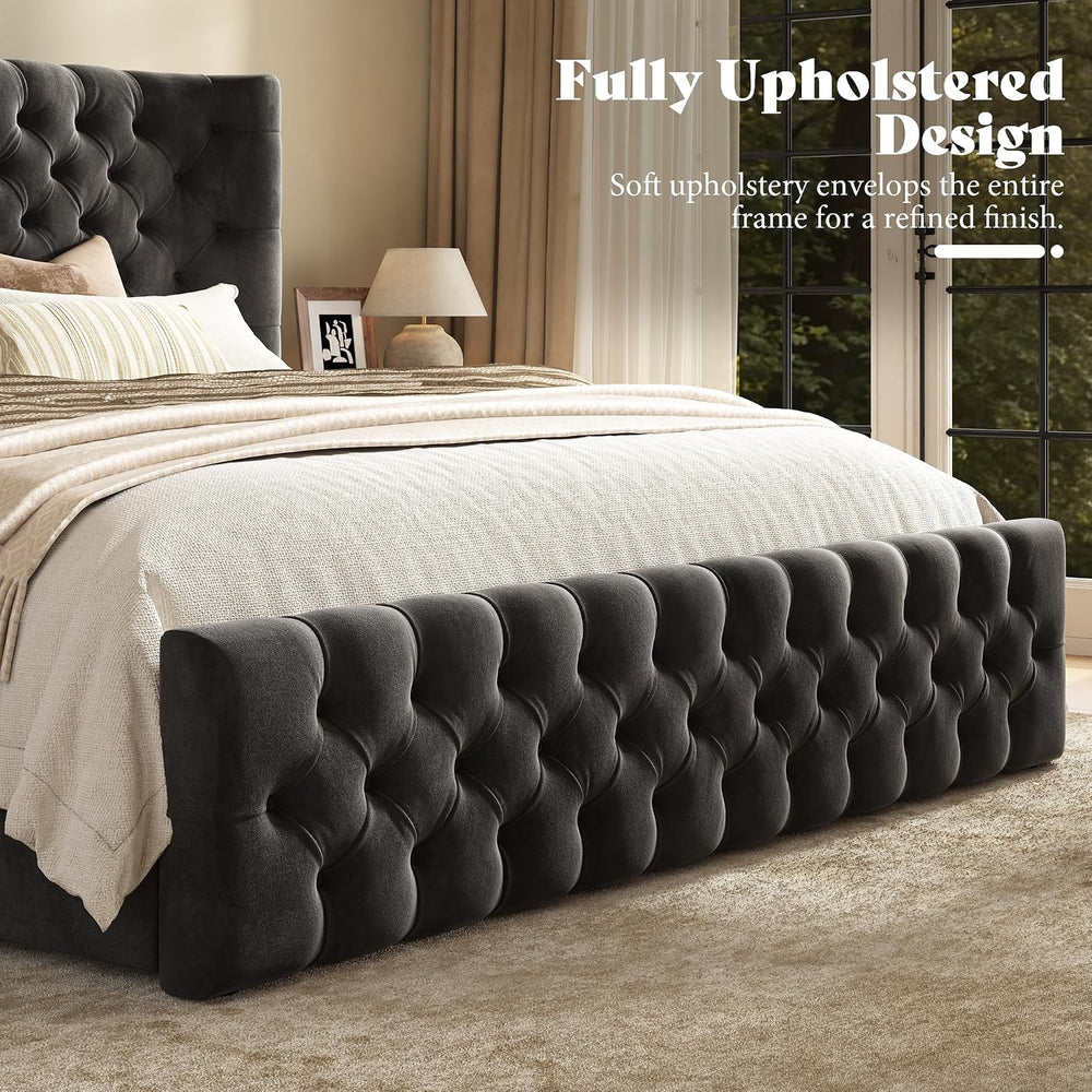 AMERLIFE Upholstered Queen Bed Frame with Wingback Headboard, Black Velvet