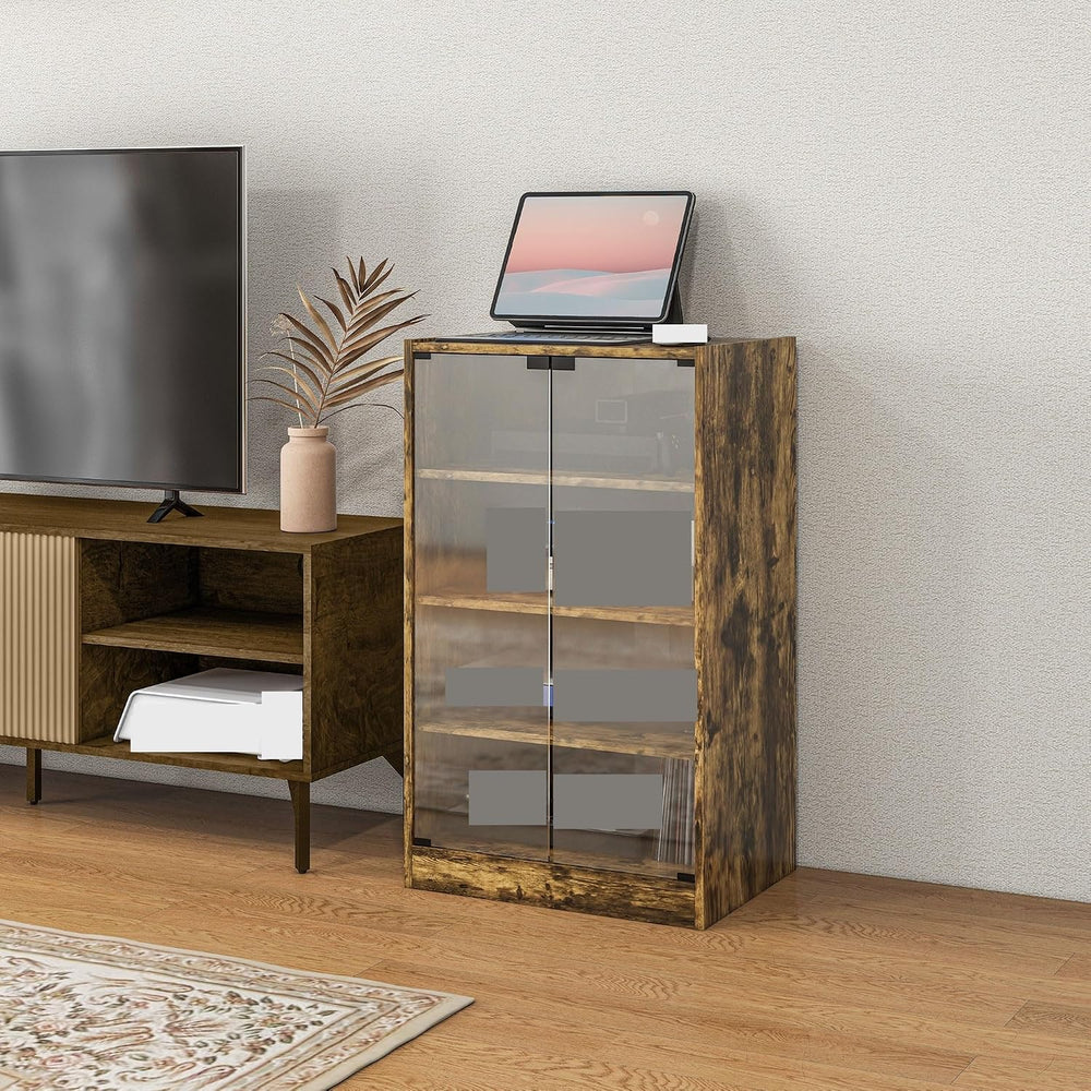 Retro Media Cabinet with 4-Tier Stereo, Modern Audio Video Media Stand with A...