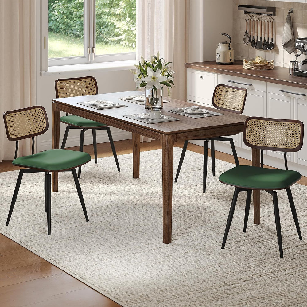 Dining Chairs, Set of 4, Modern, Green, Rattan & Faux Leather, Swivel wit...