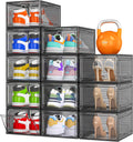 12 Pack Clear Shoe Storage Organizer with Magnetic Door, Stackable Plastic Shoe Boxes for Sneakers, Boots, and Heels, Space-Saving Foldable Shoe Rack for Closet, Durable Shoe Cabinet Organizer, Black