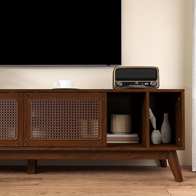 Ball & Cast 68" Mid Century Modern TV Stand for TVs up to 75", Media Console with Rattan Sliding Doors, Open Shelves & Solid Wood Legs, Entertainment Center for Living Room,Bedroom,Walnut